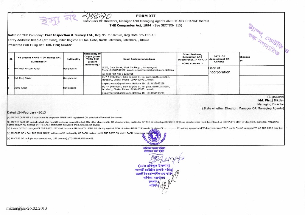 Form XII (Particulars of Directors)